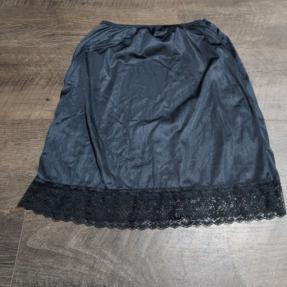 Half Dress Slip Vintage Made in USA Black Nylon Silky Shiny Lace On Bottom